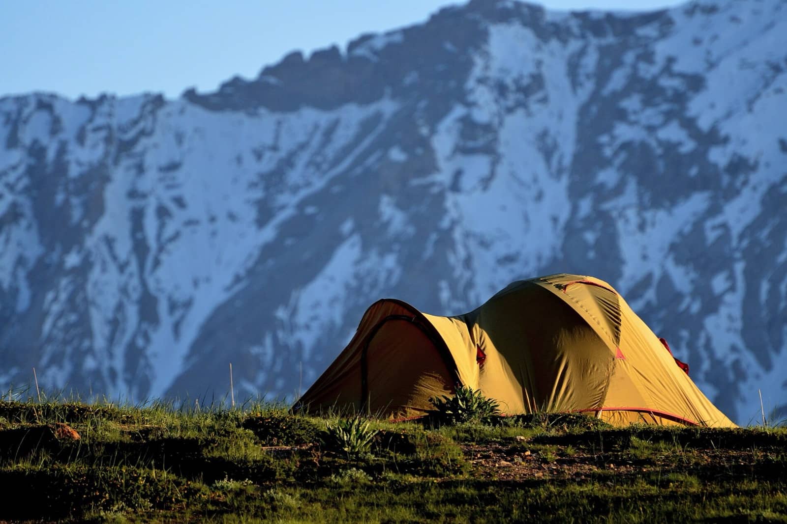 Tents pitched on a high meadow at dusk