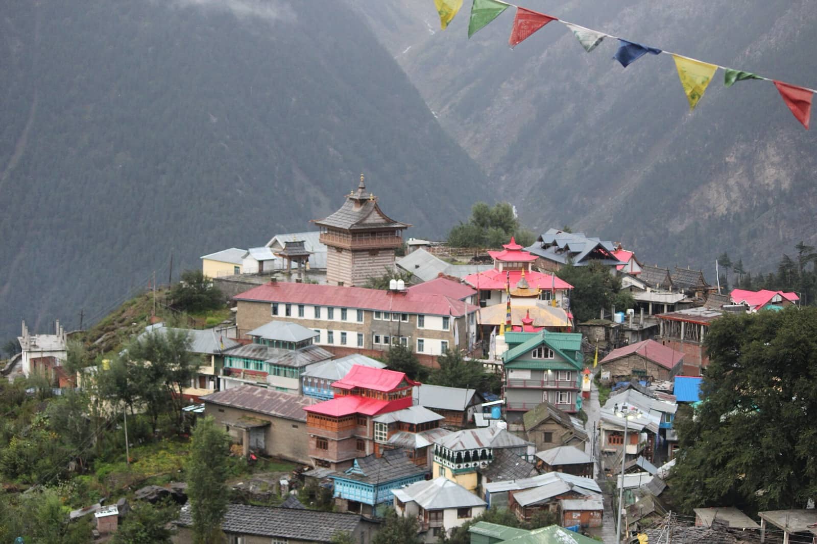 A village on a high shelf below snow-covered peaks